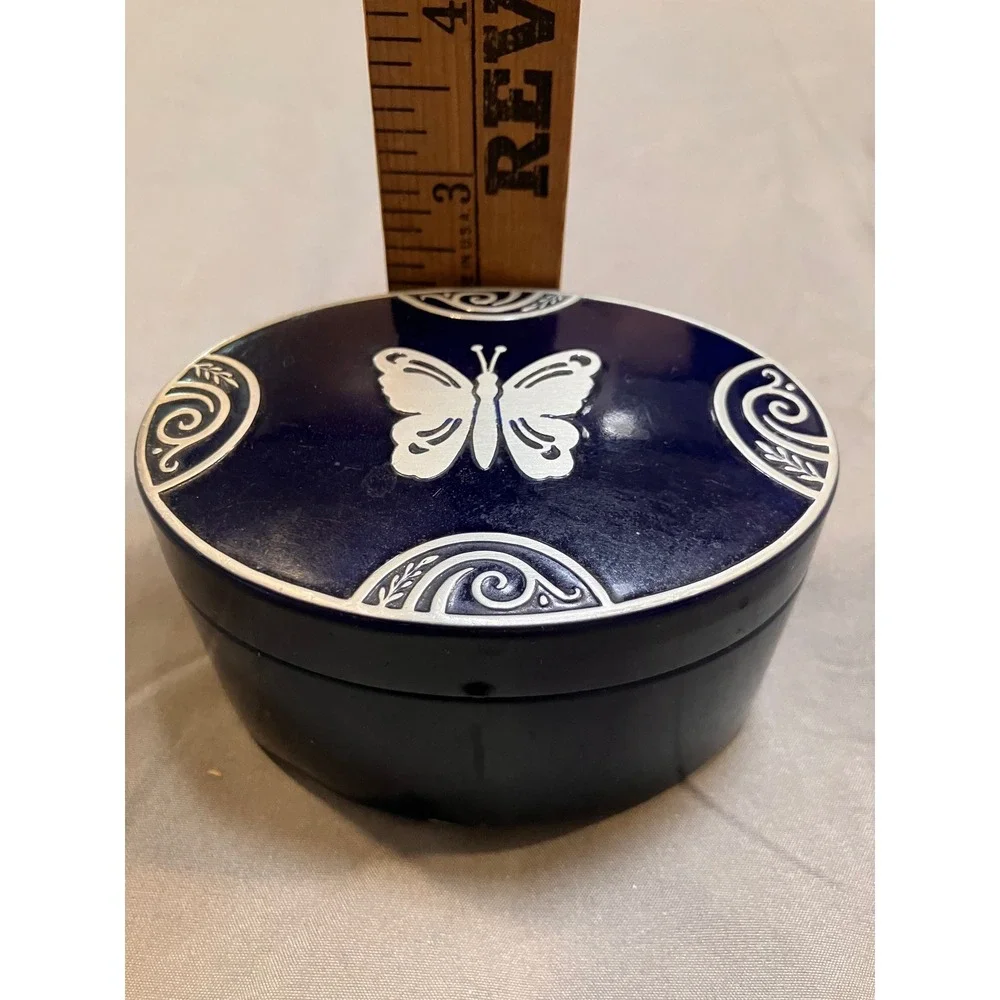 Vintage 20s Art Deco Vanity Face Powder Tin Butterfly Blue Silver Tone Inlay